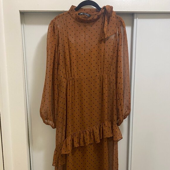 Burnt Orange Zara Dress with Black Polka-dots - Picture 1 of 5
